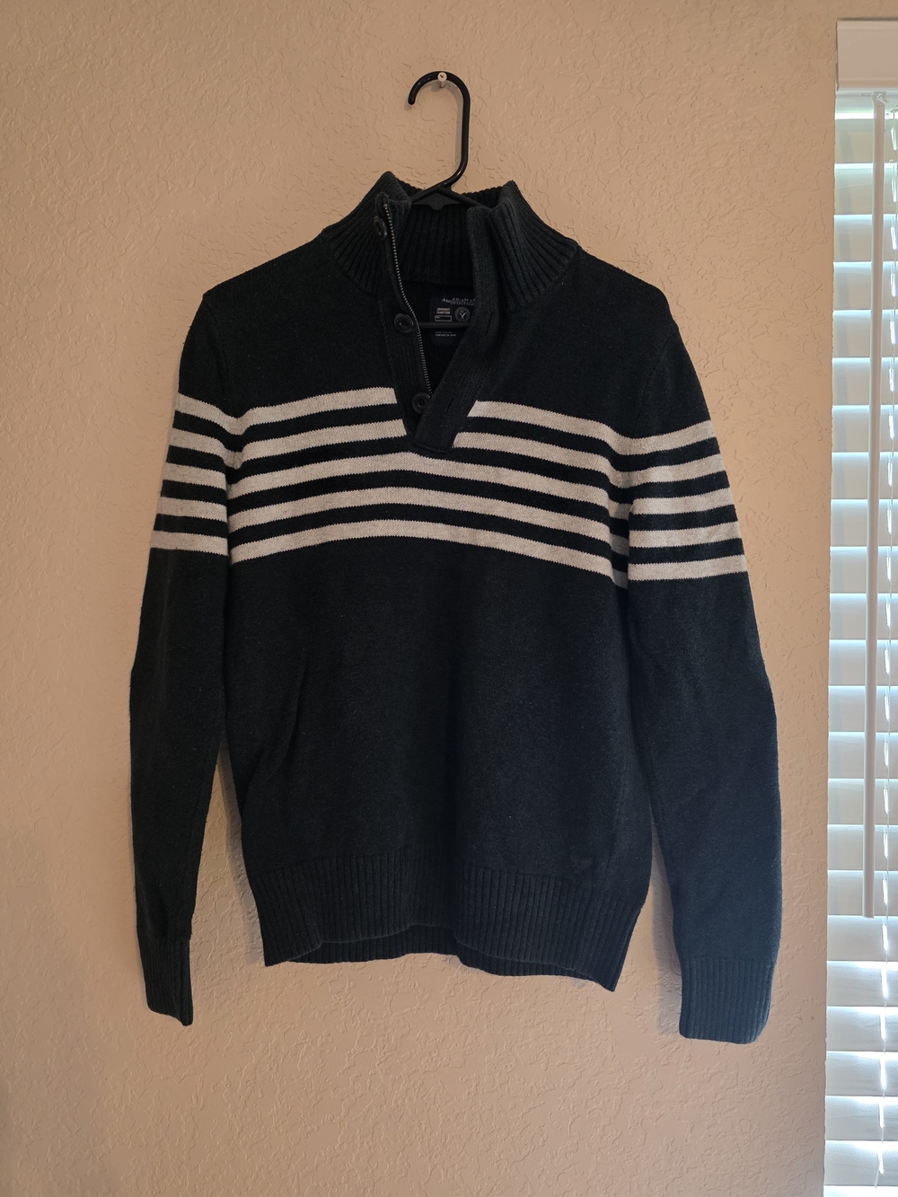 American Eagle Outfitters Black Sweater with White Stripes - Zip Shawl Collar